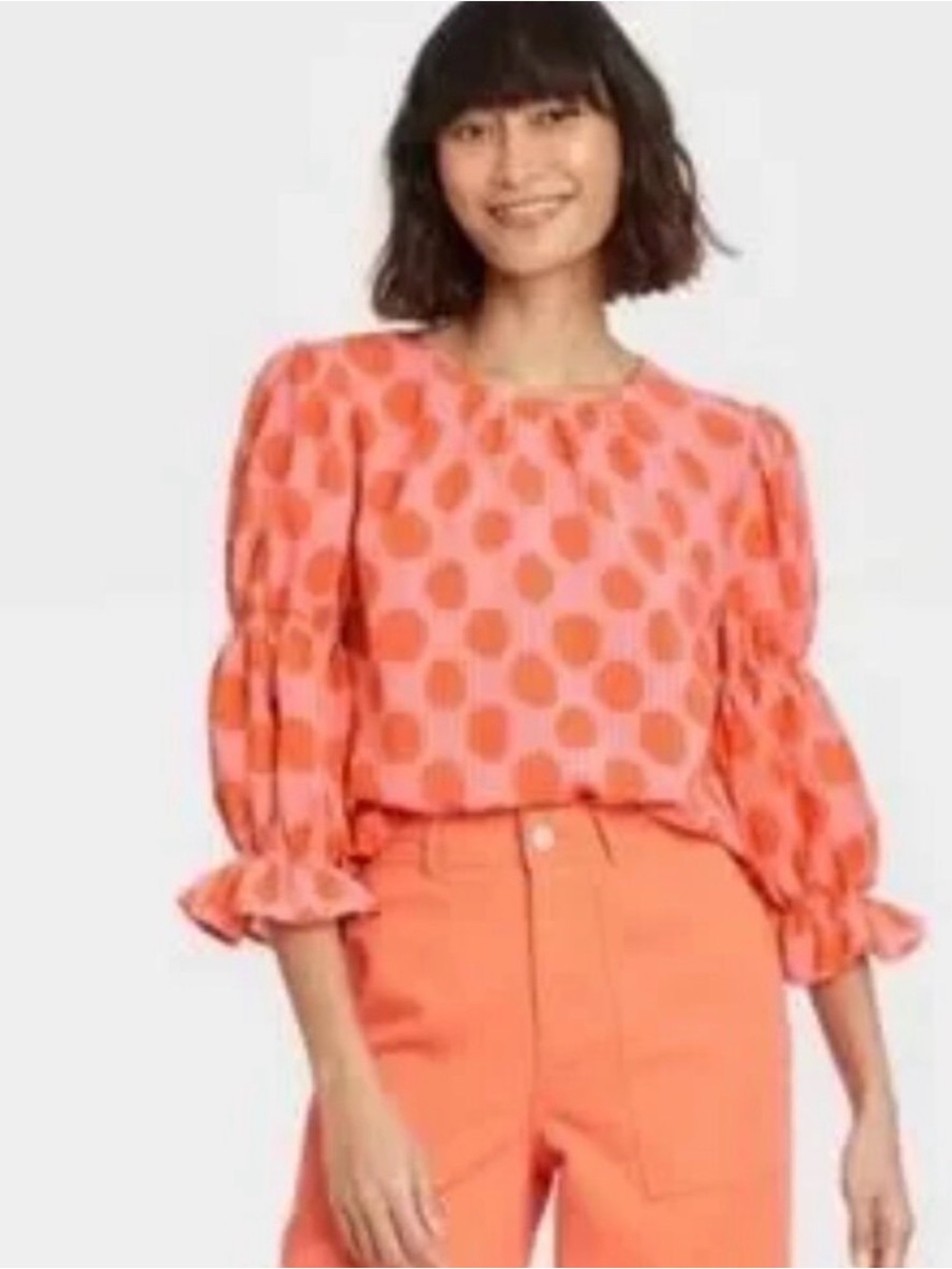 Who What Wear Orange Polka-Dot Puff Sleeve Blouse Large EUC